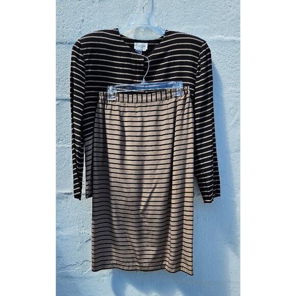Vintage Blazer Skirt Set Womens 14 Tan Silk Black Striped Jacket Top Retro 80s - Picture 1 of 13